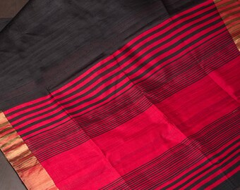 Pure Raw Silk Saree in Black and Red Zari Border | SILK MARK CERTIFIED