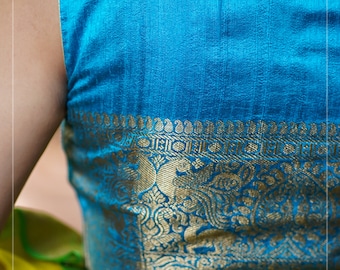 Pure Raw Silk Sleeveless blouse in Blue Green with Wide Kanchi Border detailing in back