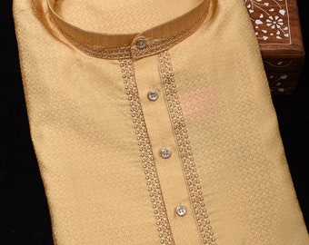 Gold Self Weave Kurta pajama Set for Men, Multiple Sizes | Ethnic Menswear by Shobitam