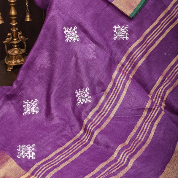 Pulli Kolam Design on Pure Linen by Linen Saree in Purple, Gold and Green