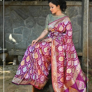 Authentic Kadhuwa Jungla Multi-color Meenakari Jaal Banarasi Silk Saree in Plum with Grand Pallu and Zari  | SILK MARK CERTIFIED