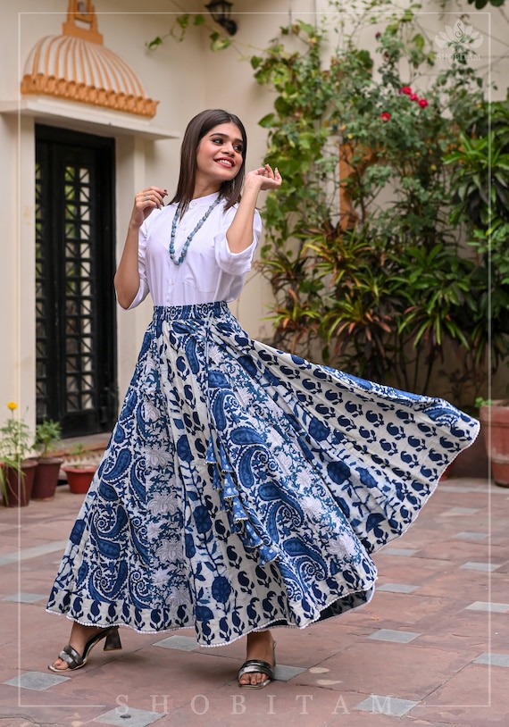 Indigo Kalidaar Cotton Skirt | Hand Blockprint | Shobitam
