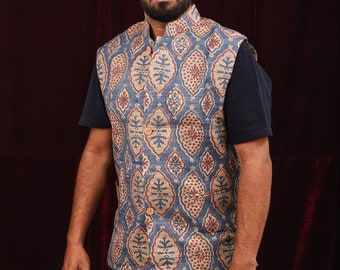 Men's Ghicha Tussar Silk Nehru Jacket in Blue with Mandarin Collar and HandBlock Ajrakh Designs