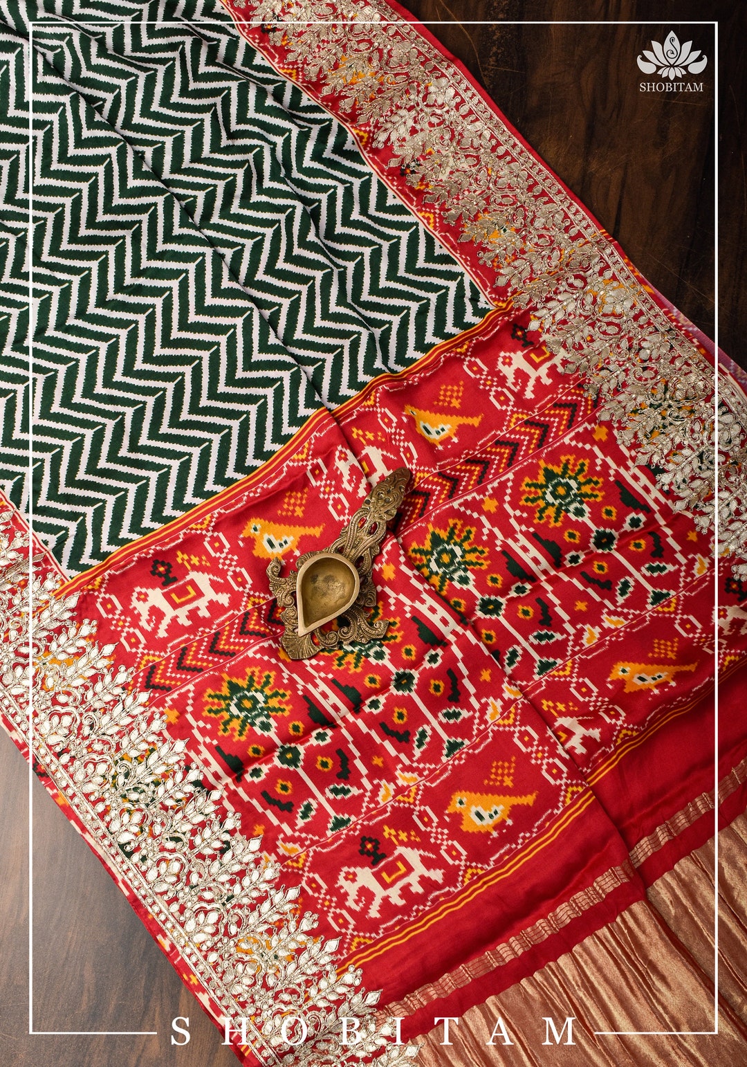 Authentic Brown Gajji Satin Silk Saree Handcrafted Gota Patti & Meenakari with Ethnic Print - Buy