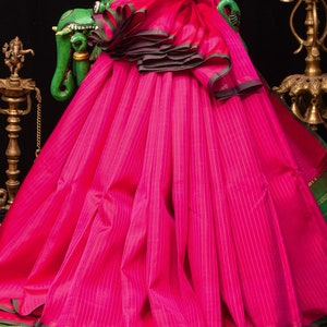 Multi-color micro-checked with floral vine printed silk saree, tarditional zari border, and pallu of stripes