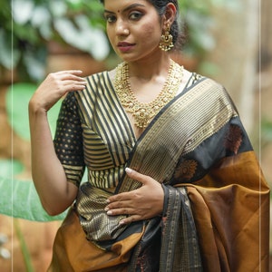 Black and gold stripes and buttas plunge neck mix and match blouse for saree, Made to Order