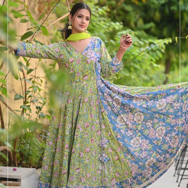 6 Meter Flare Lime Green and Ferozi Angrakha Anarkali | Shobitam Made To Order