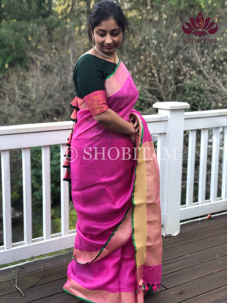 Pink with Green Border Linen Saree I Handwoven Saree I FREE SHIPPING in USA