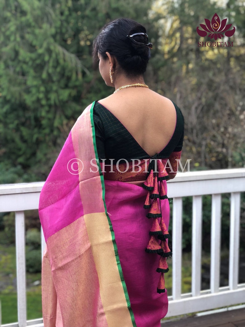 Pink with Green Border Linen Saree I Handwoven Saree I FREE SHIPPING in USA