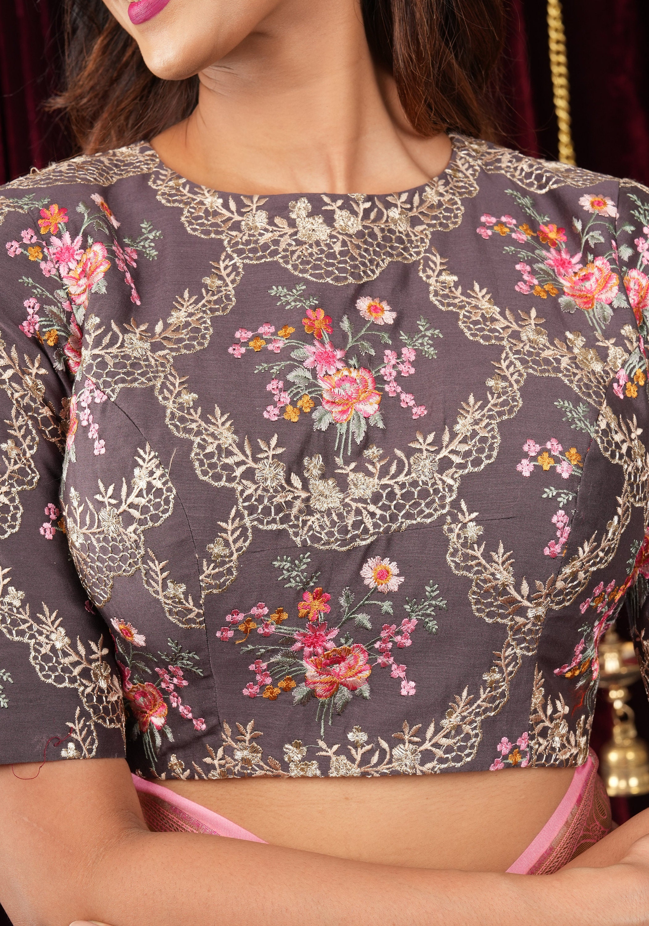 Gray Geecha Raw Silk Blouse With Floral Embroidery and Gray Geecha Raw Silk Blouse With Floral Embroidery and