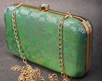 100% Pure Silk Brocade Kanjivaram Clutch in Green Dual Tone