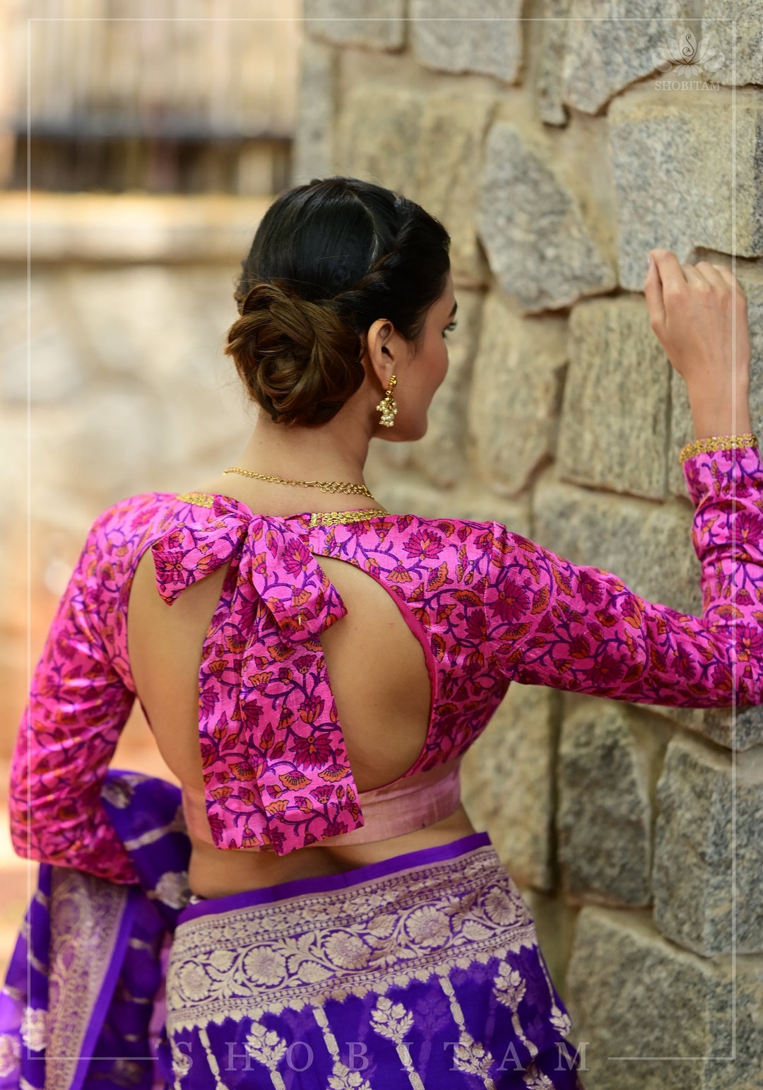 Bridal Pink Hand Embroidered Blouse in Raw Silk with Square Neckline
