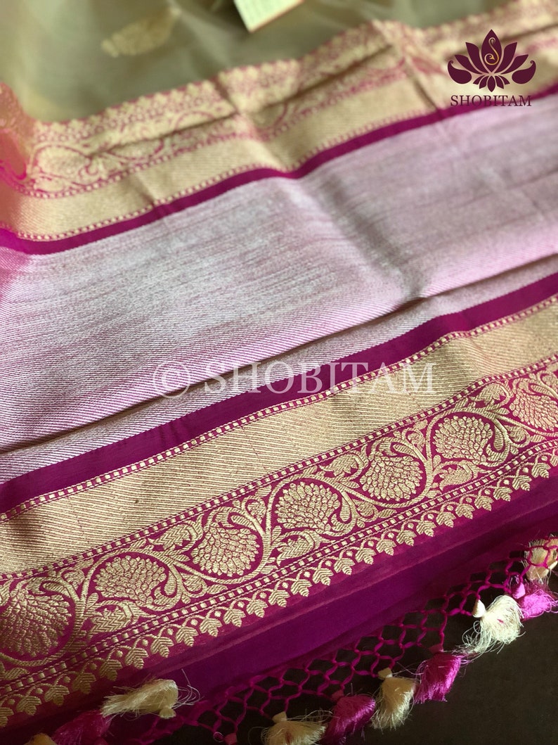 SILK MARK CERTIFIED Shobitam saree Pure Kora Silk Banarasi Saree in Ivory with Pink Borders in Kadhuwa weaving