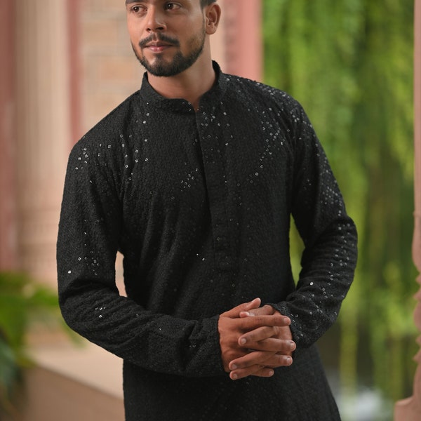 Black  Embroidered and sequin embellished Kurta Pajama Set for Men, Multiple Size | Ethnic Menswear by Shobitam