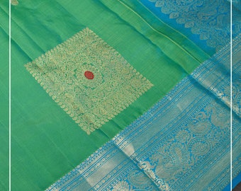 Meenakari Green Dual Tone Kanjivaram Silk Saree with Geometric Zari designs | SILK MARK CERTIFIED | Sarees by Shobitam