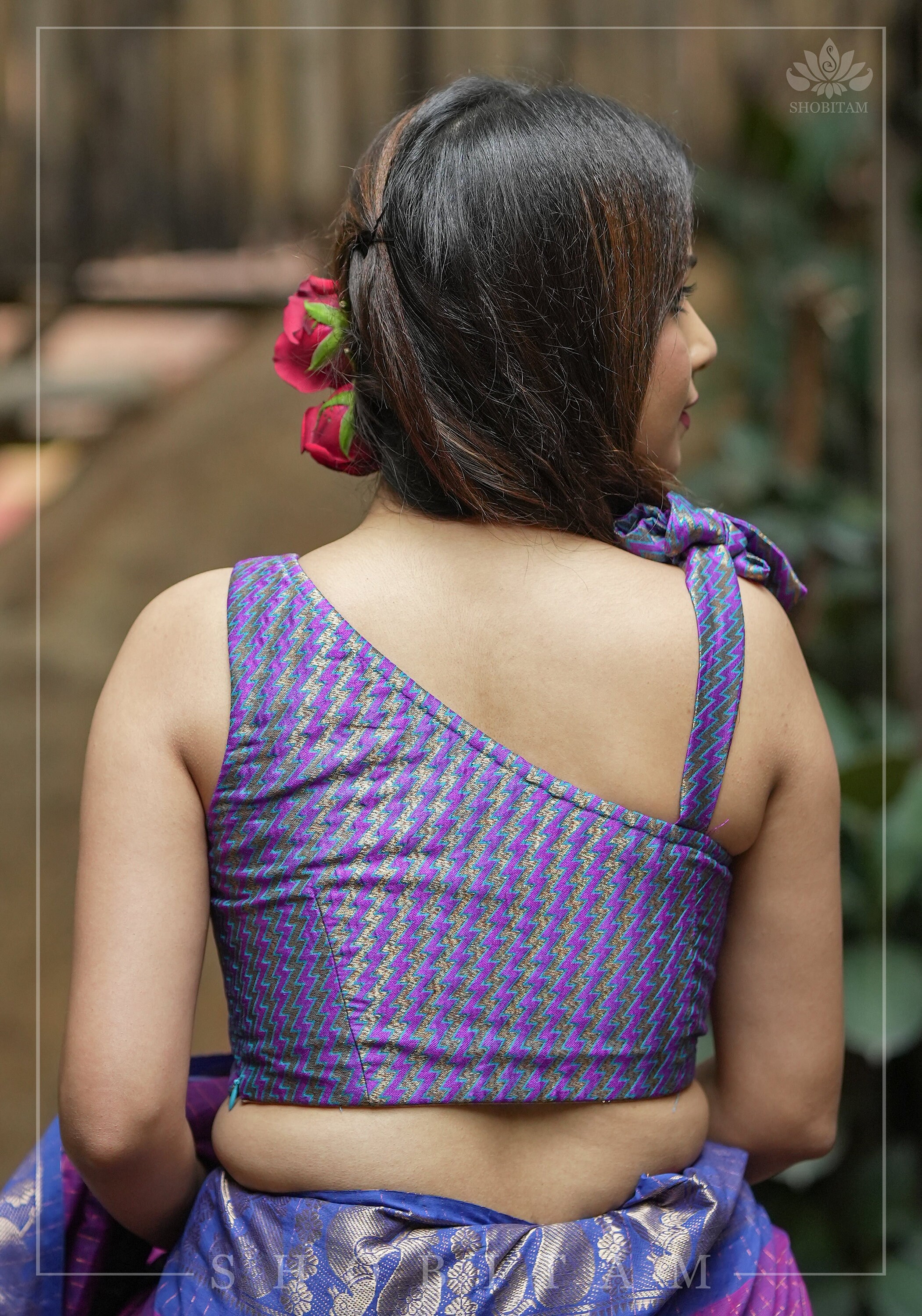 Purple Blue Jacquard One Shoulder Blouse Crop Top, Made to