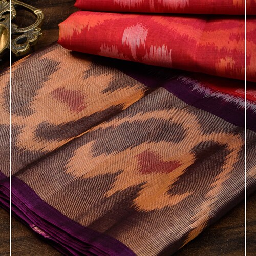 Ikkat Handwoven Silk Cotton Saree in Coral Red and Purple | Sarees shops By Shobitam