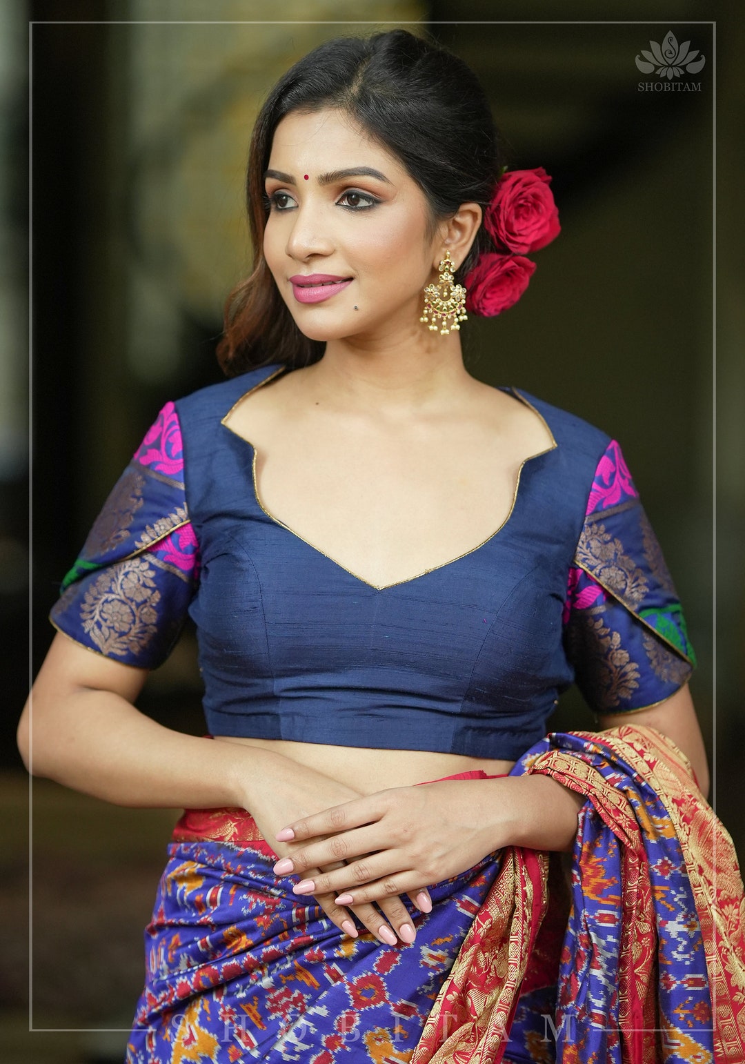 Double Layered Silk Blouse in Navy Blue