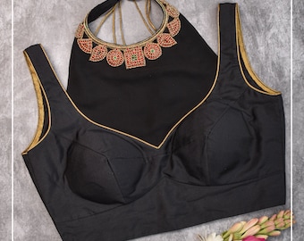 Made to order: Necklace Design Jadau Ornamental Blouse with Georgette Yoke in Black