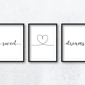 Sweet Dreams With Heart Quote Wall Art Print Poster Set x3 Inspirational Motivational Home Decor Bedroom Typography Goodnight Sleep Up to A0