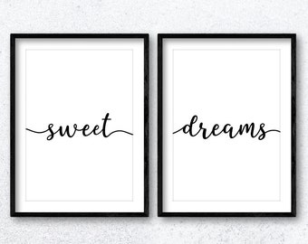 Sweet Dreams Quote Wall Art Print Poster Set x2. Inspirational Motivational Home Decor Bedroom Typography Goodnight Sleep All Sizes Up to A0