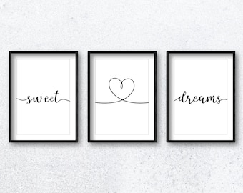 Sweet Dreams With Heart Zitat Wand KunstDruck Poster Set x3 Inspirational Motivation Home Decor Schlafzimmer Typografie Goodnight Sleep Up to A0