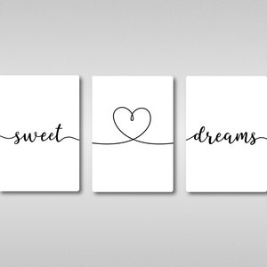 Sweet Dreams with Heart Quote Floating Metal Wall Art Print Plaque Set x3. Bedroom, Good Night, Sleep. Inspirational Motivational Home Decor