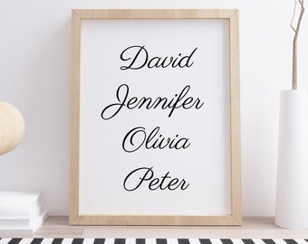 Personalised Family Names Wall Art Poster Print. Lovely Gift Idea. For Wife, Husband, Kids. Black and White Typography. Quote Choose Colour