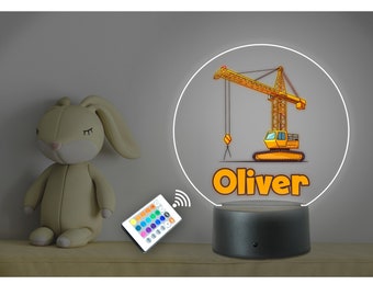 Personalised Any Name Kids Crane RGB LED Night Light. USB/Battery Powered, Remote Control. Nursery, Bedroom Decor for Boy or Girl. Gift