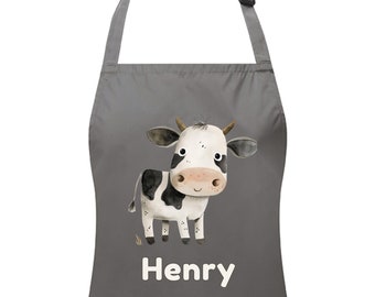 Personalised Any Name Cow Waterproof Kids Apron. Craft Bake Cook. Boys Girls. Custom Bib. Infant, Junior Chef. 8 Colours. Watercolour