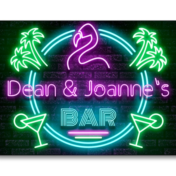 Personalised Bar Sign METAL Plaque Eighties 80s Neon Cocktail Nightclub Style. Home Pub Shed Man Cave. Screw Holes, Sticky Pads or Twine.