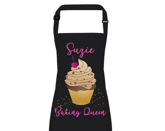 Personalised Apron. Any Name Cup Cake Baking Queen. Adjustable Neck Strap. Gift Idea for Her. Full Colour Direct to Garment Print. 7 Colours