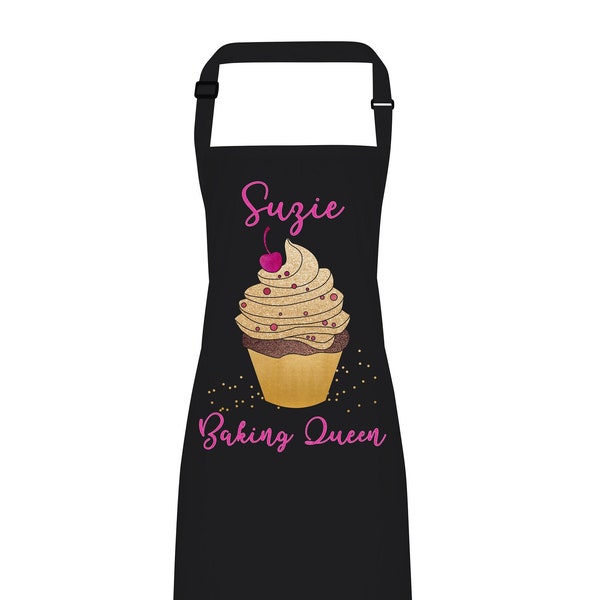 Tablier personnalisé. N’importe quel nom Cup Cake Baking Queen. Sangle de cou réglable. Idée cadeau pour elle. Impression couleur directe sur vêtement. 7 Couleurs