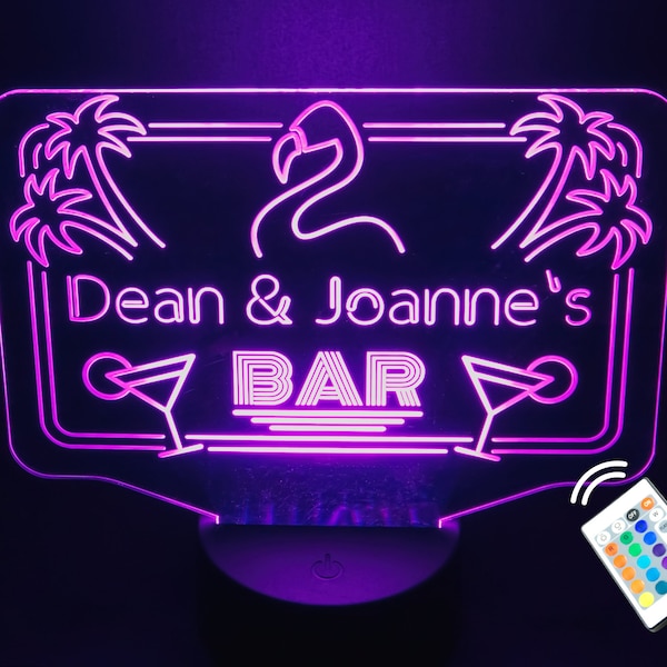 Personalised LED Neon Cocktail Flamingo Bar Sign Night Light Eighties 80s. Home Bar Mancave. Multi Coloured with Remote Control & USB Cable