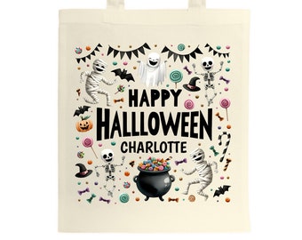 Happy Halloween Personalised Tote Bag. Gift for Kids, Tick or Treat, Son, Daughter. Shopping Bag. Custom Printed. 8 COLOURS. 100% Cotton.