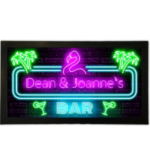 Personalised Bar Runner Mat Eighties 80s Neon Effect Cocktail Nightclub Style. Home Pub Shed Man Cave. Flamingo. Novelty Beer Gin Wine