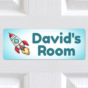 Personalised Any Name, Any Text METAL Cute Rocket Ship Door Sign Plaque. Home Decor Indoor/Outdoor use. Kids Bedroom, Nursery. Boys, Girls.