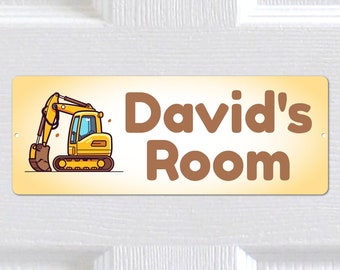 Personalised Any Name, Any Text METAL Cute Excavator Door Sign Plaque. Home Decor. Indoor/Outdoor use. Kids Bedroom, Nursery. Boys, Girls.