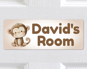 Personalised Any Name, Any Text METAL Cute Monkey Door Sign Plaque. Home Decor. Indoor/Outdoor use. Kids Bedroom, Nursery. Boys, Girls.