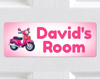 Personalised Any Name, Any Text METAL Cute Motorbike Door Sign Plaque. Home Decor Indoor/Outdoor use. Kids Bedroom, Nursery. Boys, Girls.