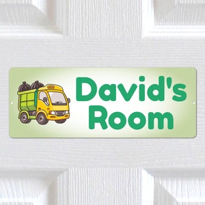 Personalised Any Name, Any Text METAL Cute Garbage Truck Door Sign Plaque. Home Decor Indoor/Outdoor use. Kids Bedroom, Nursery. Boys, Girls
