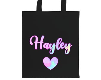 Personalised Any Name/Text Women's Tote Bag with Tie-Dye Style Heart Shopping Bag. Gift for Her Mum Daughter Birthday Christmas Mother's Day