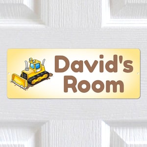 Personalised Any Name, Any Text METAL Cute Bulldozer Door Sign Plaque. Home Decor. Indoor/Outdoor use. Kids Bedroom, Nursery. Boys, Girls.