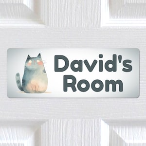 Personalised Any Name, Any Text METAL Cute Cat Door Sign, Plaque. Home Decor.  Indoor/Outdoor use. Kids Bedroom, Nursery. Boys Girls