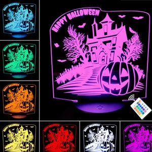 Happy Halloween Haunted House with Bats and Pumpkin LED Neon Night Light. Remote Control. 16 Colours . Desk Lamp Gift
