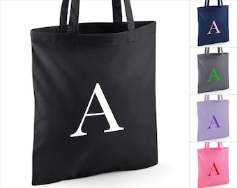 Personalised Any Letter Initial Tote Bag Gift. Shopping Bag. Custom Printed. 10 COLOURS. 100% Cotton. Alphabet Name Machine Washable