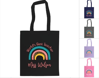 Personalised Tote Bag.  World's Best Teacher Thank You gift. Shopping Bag. Custom Printed. 10 COLOURS. 100% Cotton. School Term End. Primary
