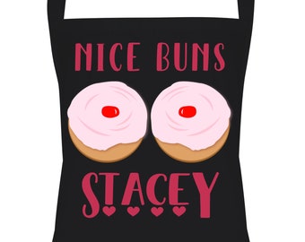 Personalised Funny Apron. Nice Buns Any Name. Adjustable Neck Strap. Gift Idea for Her. Full Colour Direct to Garment Print. 7 Colours. Bake