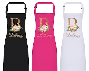Personalised Floral Gold Initial & Name Apron. Adjustable Strap. Gift Idea for Her. Mum Sister Daughter Direct to Garment Print. 7 Colours