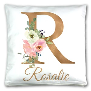 Cubierta personalizada de cojín de letra inicial y nombre de oro floral con / sin inserto. Idea de regalo de boda y cumpleaños para mamá hermana amiga.